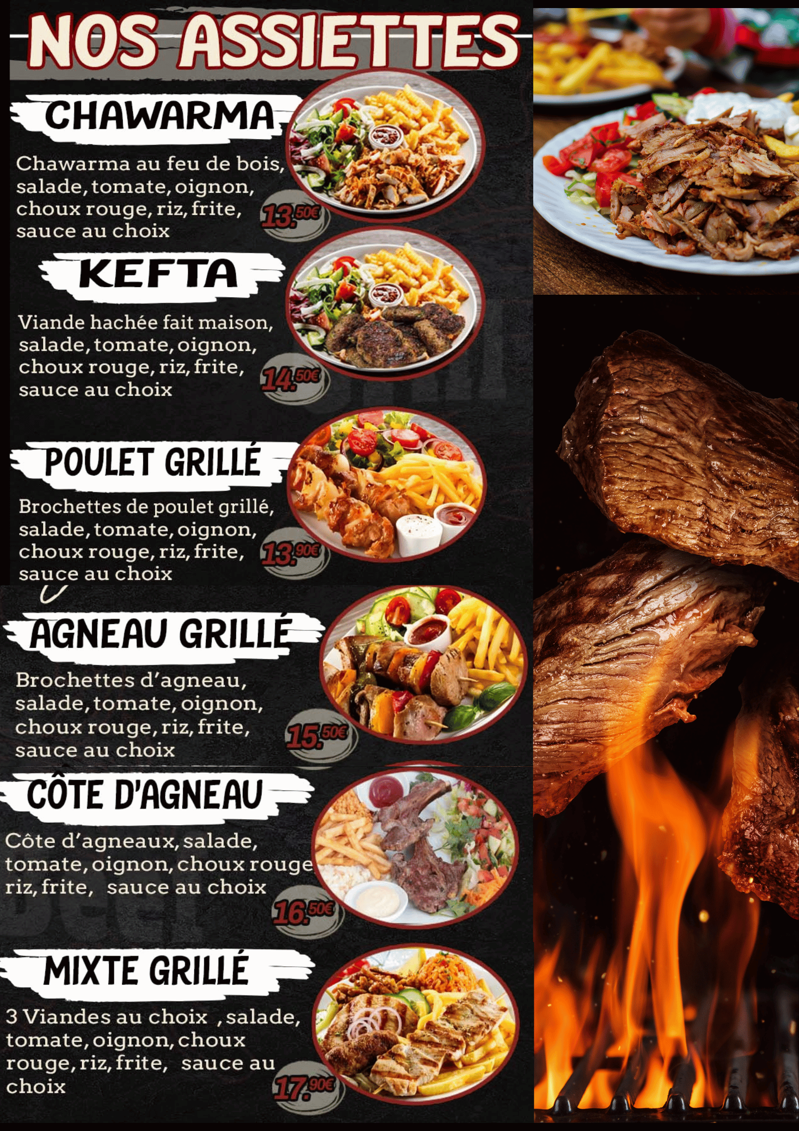 Nos assiettes Beef Grill Rennes Saint Anne Grillades au Feu de Bois, chawarma, Sandwichs, assiettes, Burgers, Tacos