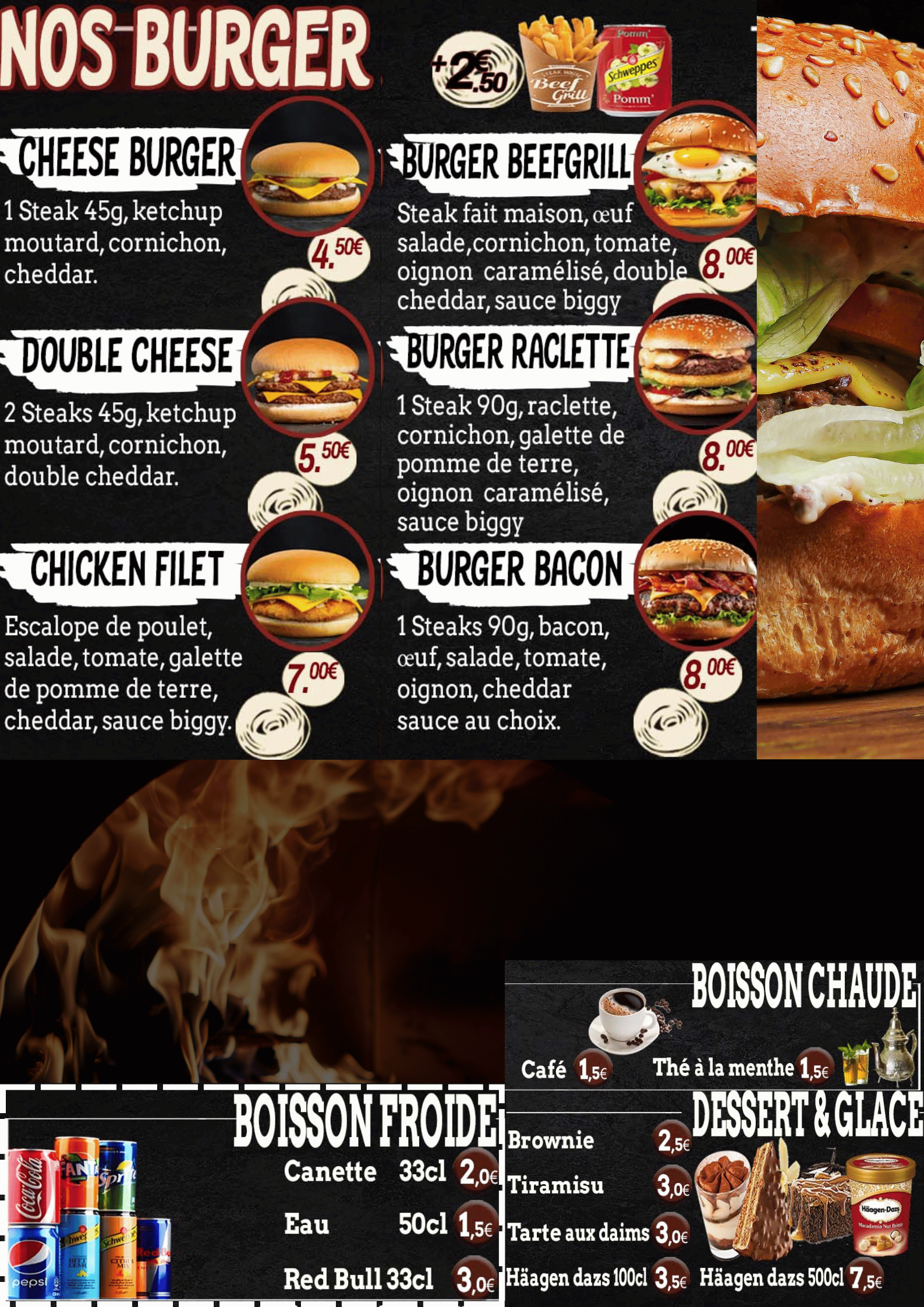 Nos burgers Beef Grill Rennes Saint Anne Grillades au Feu de Bois, chawarma, Sandwichs, assiettes, Burgers, Tacos